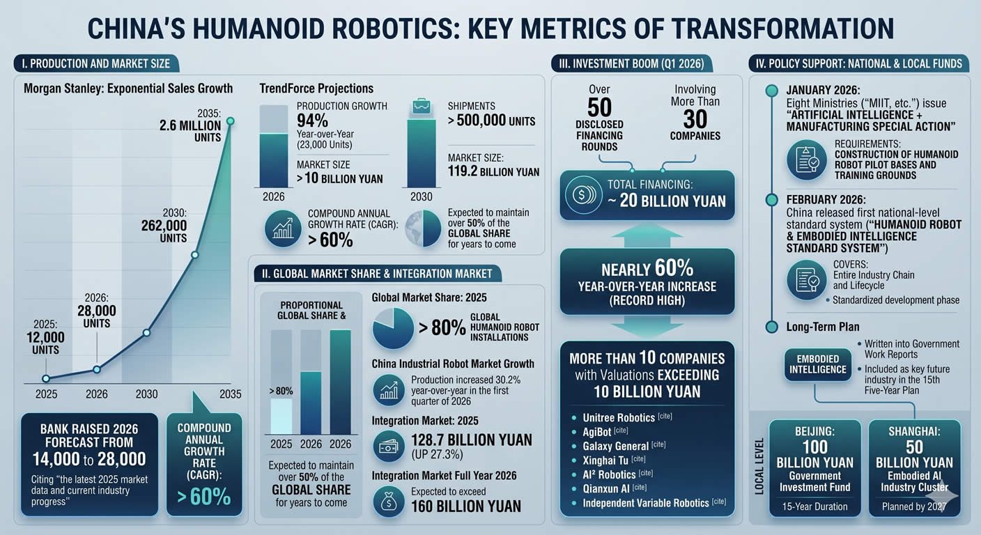 Infographic detailing the rapid growth of China's humanoid robotics industry, featuring Morgan Stanley's sales projection of 2.6 million units by 2035, over 80% global market share, and a 20 billion yuan Q1 2026 investment boom.
