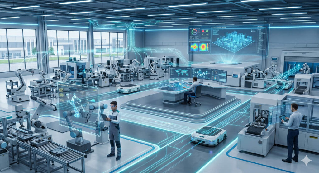 A modern smart factory floor in 2026 featuring collaborative robots, glowing IIoT data streams, autonomous mobile robots, and engineers monitoring digital twins on holographic displays.