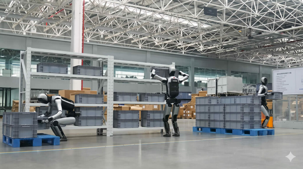 A UBTECH humanoid robot performs material handling, sorting, and quality inspection tasks on the floor of a new-energy vehicle plant in China.