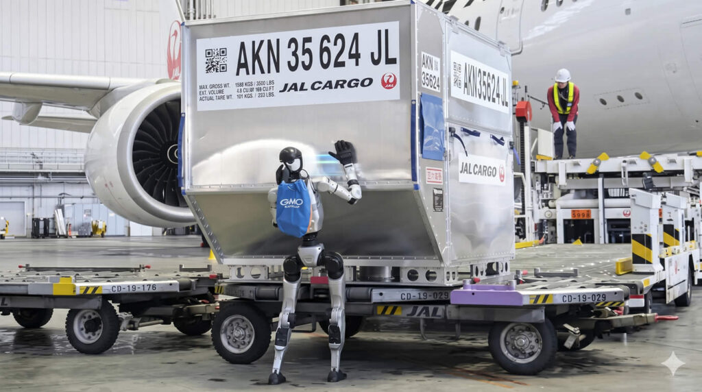 A Unitree humanoid robot works alongside a human ground handler at Tokyo Haneda Airport, successfully lifting and sorting a piece of luggage without modifying airport infrastructure.